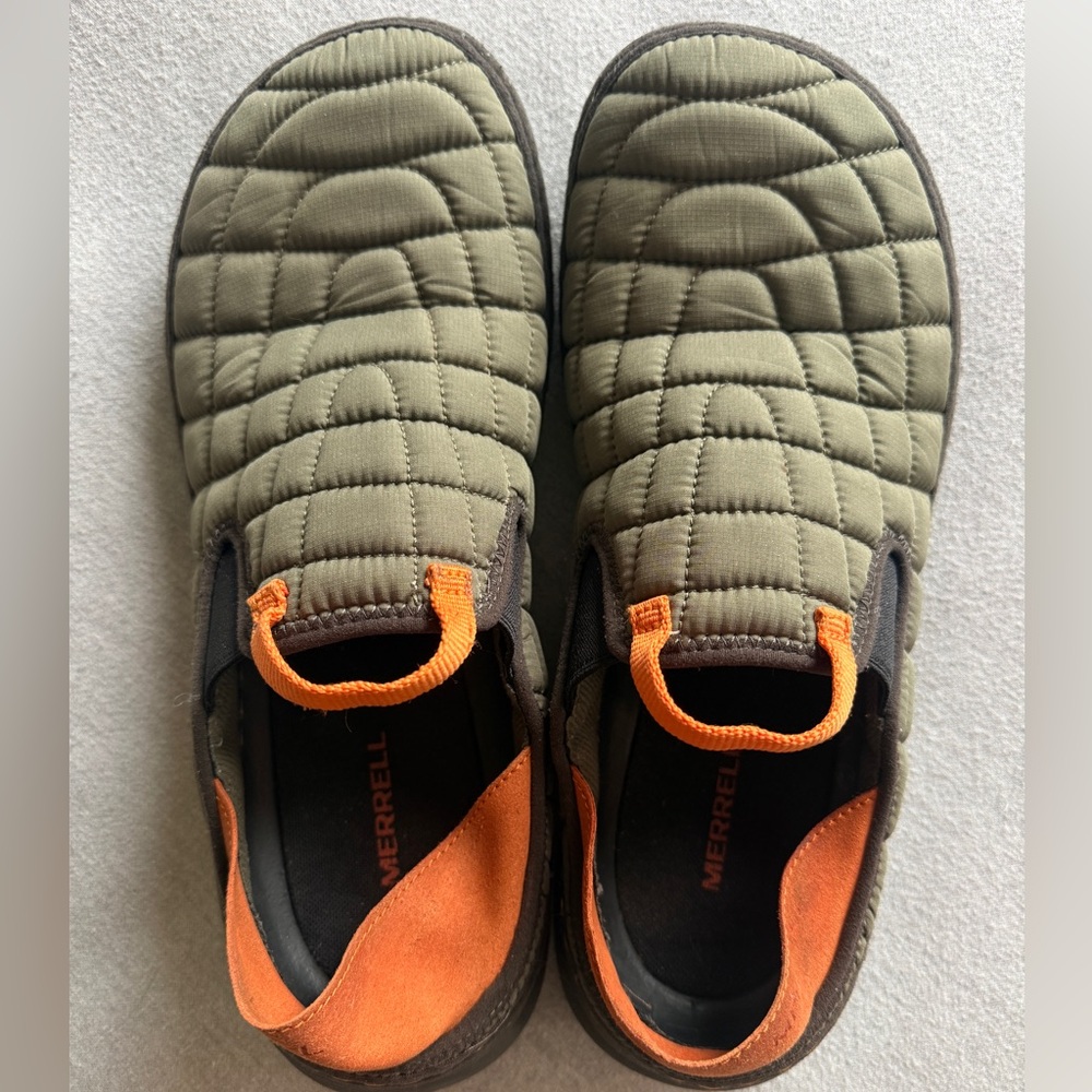 Merrell Hut Moc Men's Quilted Olive and Orange Slip-Ons